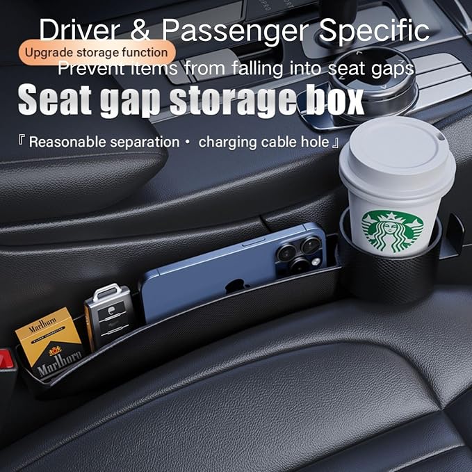 Car Seat Gap Filler Organizer 2 Pack, 4-in-1 Universal Car Seat Gap Plug with Cup Holder & Storage Hook, Front Seat Console Gap Stopper Prevents Dropping, Fits Most Cars SUVs Trucks (Black)