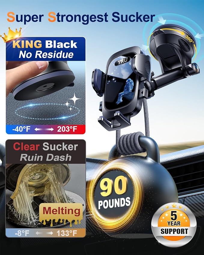 YRU True Military-Grade [360° Rotation Suction] 2026 Ultimate Car Phone Holder Mount【90+LBS Safest Strongest & Patent Certs】 Dash Windshield for iPhone 17 16 Pro Max Speakerphones, Blue Black