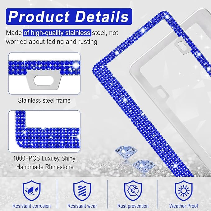 Amiss Bling License Plate Frame for Women, 2Pack Rhinestone Handcrafted Crystal Premium Stainless Steel, Stainless Steel Car Decorative Accessories with Diamond Sparkle Glitter Caps (Blue)