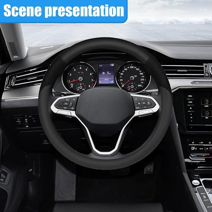 Car Steering Wheel Cover, 15" Breathable Microfiber Leather Ice Silk Mesh Wheel Wrap, Warm in Winter & Cool in Summer, Comfortable Anti-Slip Auto Interior Decorative Protector(Black)