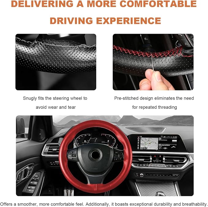 Genuine Leather Steering Wheel Cover, 15 Inch Stitch on Wheel Wrap with Needles & Threads, Breathable Steering Wheel Protector DIY Sewing Wrap for Car Truck SUV (Wine Red, Full Hole)