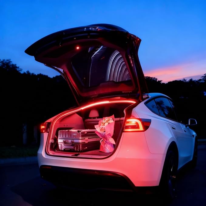 Trunk LED Ambient Neon Light Strips for Tesla Model Y & Juniper (2021-2026) - Waterproof Silicone, High Brightness, APP-Controlled, Auto On&Off, for Car Trunk & Camping Atmosphere (Red)