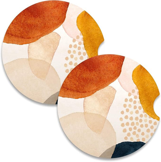Nipichsha Car Coasters for Cup Holders, 2 Pack Absorbent Ceramic Car Cup Holder Coaster for Drinks, Cute Auto Assecories for Women Men, Size 2.56 in with Finger Notch & Cork Base, Simple Art