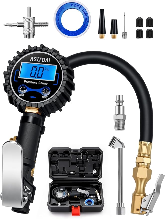 AstroAI Digital Tire Pressure Gauge with Inflator, 3-250 PSI-Inflate, Deflate & Read with ±1% Precision, Backlit LCD for Day or Night, Heavy-Duty Air Chuck, for Cars, Motorcycles, & More, with Case