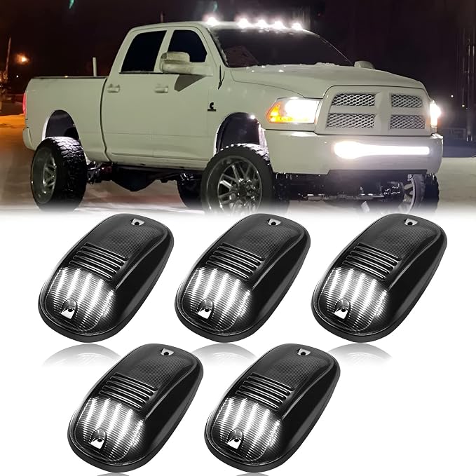 R&F Auto LED Cab Lights for 2003-2018 Ram 1500 2500 3500 Smoked 5Pcs | For 03-18 Ram 1500-3500 Pickup Trucks Roof Running Marker Lamps|DOT|SAE|No Error|IP67|Super Brightness|OEM Fit|AEC LED Chip