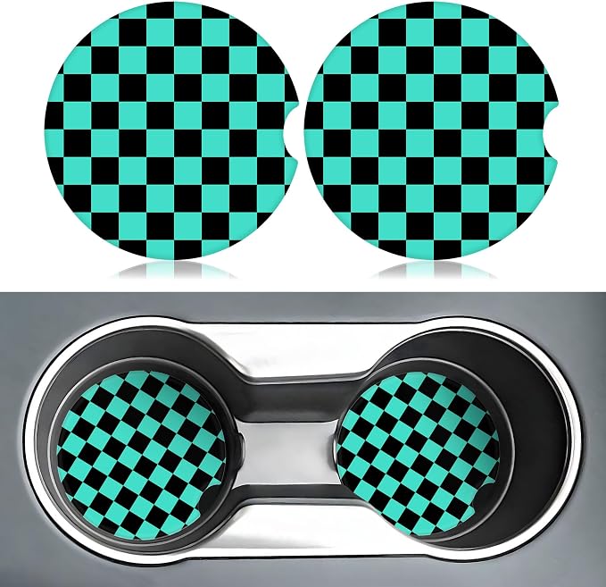 Green and Black Checkered Car Coasters for Cup Holders,2 Pack Car Cup Holder Coasters for Car,Ceramic Absorbent Car Coaster with A Finger Notch and Cork Base,Car Interior Accessories for Women Men