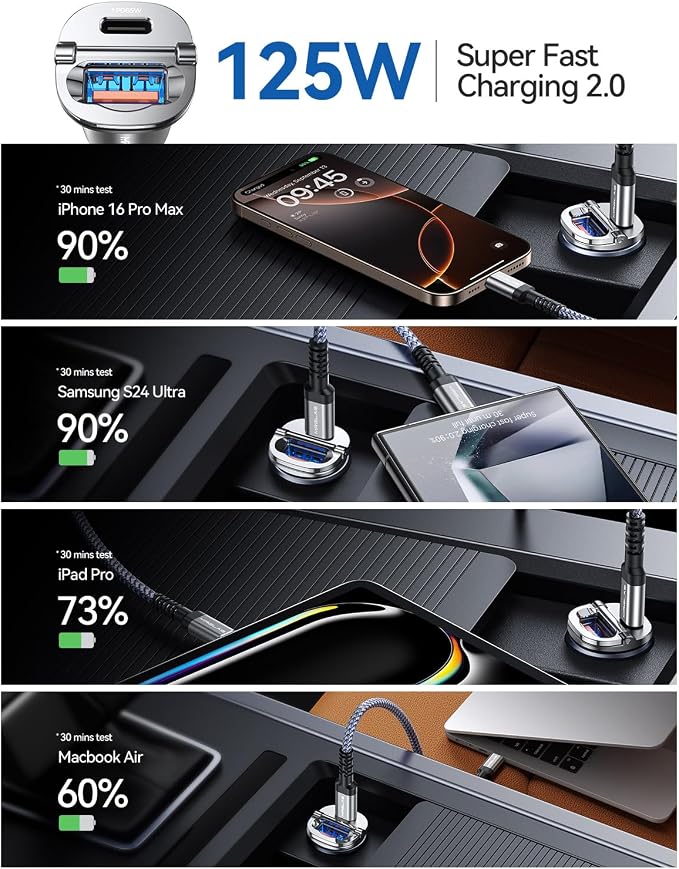 MRGLAS 125W USB C Car Charger, USB C Car Charger Adapter Fast Charging | [Mini & Metal][PD65W & QC60W] Dual Port Type C Cigarette Lighter USB Charger for iPhone 16 15 Pro Max S25 MacBook-Silver Gray