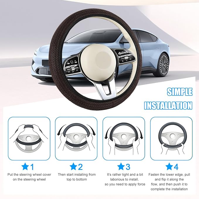 Elastic Stretch Car Steering Wheel Cover, Soft Breathable Ice Silk Steering Wheel Protector, Anti-Slip Automotive Interior Accessories, Universal for Sedan, Truck, Van (Coffee)