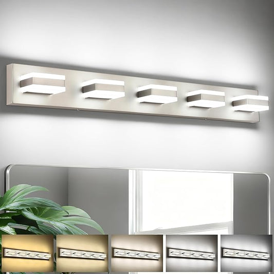 SOLFART Bathroom Brushed Nickel Bathroom Light Fixture, Vanity Lights Over Mirror, 5 Light Led Lights for Bathrooms,5 Color Temperature Adjustable Vanity Lights for Bath Nickel ETL Listed