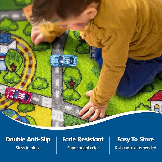 Boooooom Jackson Kids Train & City Rug, 4'11" x 6'7" | Non-Slip Washable Train & City Play Mat, OEKO-TEX Certified, Gift for Toddlers, Classroom & Playroom