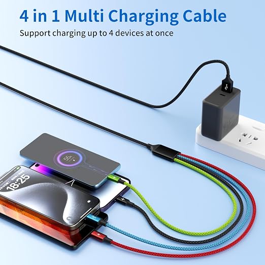 4 in 1 Multi Charging Cable, 3 Pack 5FT Charging Cords for Multiple Devices | USB C Car Charger Cable, Nylon Braided Phone Charger for Multiple Devices, Cruise Essentials 2026 Travel & Car Use