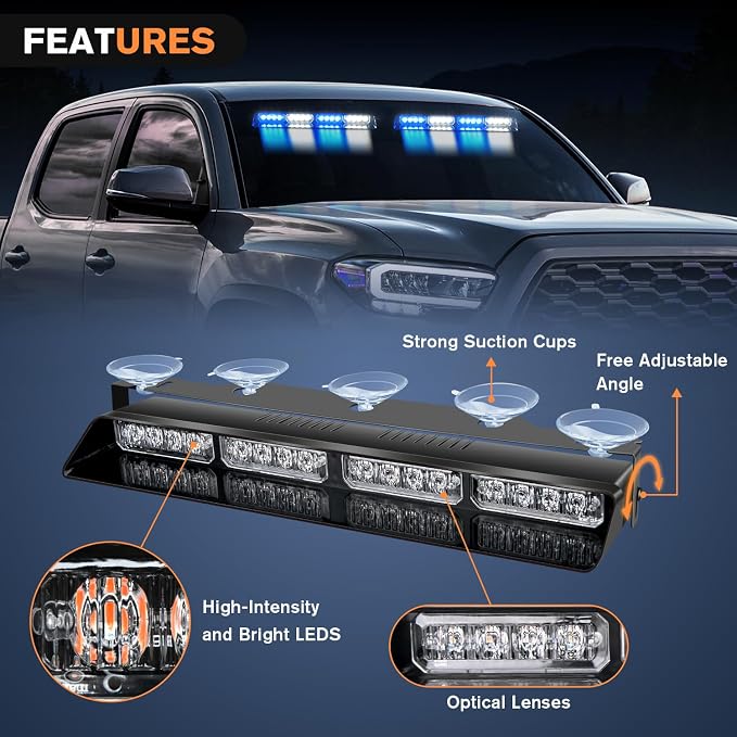 Nilight 32LED Blue White Emergency Dash Strobe Lights with Controller Suction Cups Warning Hazard Interior Front/Rear Windshield Deck Split Light Bar for Truck Construction Vehicle