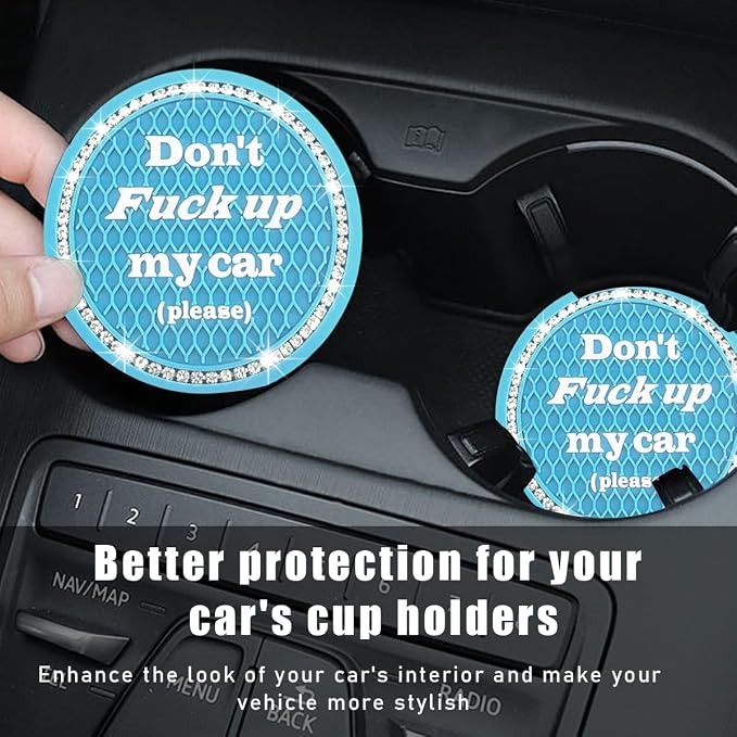 2 PCS Bling Car Cup Coaster, 2.75 Inch Anti-Slip Cup Holder Insert Coasters, Crystal Rhinestone Auto Drink Car Cup Mat for Women Girls, Universal Interior Car Accessories (Light Blue)
