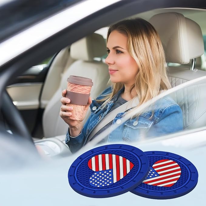 AUCELI 2 Pack Car Cup Holder Coasters, Colored American Flag US Flag Insert Car Cup Coaster, 2.75 Inch Anti Slip Shockproof Embedded Drink Mat, Vehicle Interior Decor Accessories