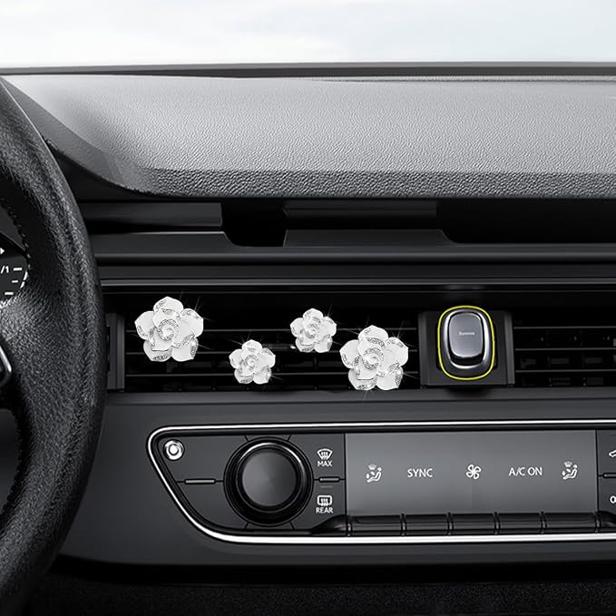 Osilly Bling Car Air Vent Clips, 4PCS/2Set Flower Rhinestone Vehicle Air Outlet Clamp, Sparkly Diamond Automotive Interior Vent Clip Charm Decor Accessories, Universal for SUV Truck RV (White)