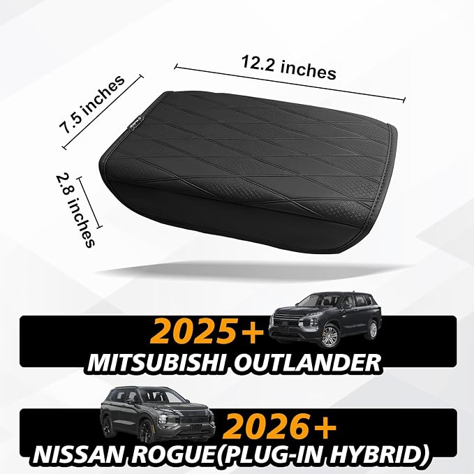 Muslogy Center Console Armrest Cover Compatible with 2025 2026 Mitsubishi Outlander & 2026 Nissan Rogue (Plug-in Hybrid) Accessories Armrest Pad Arm Rest Cushion Vegan Leather Regular Thick(PHEV Only)