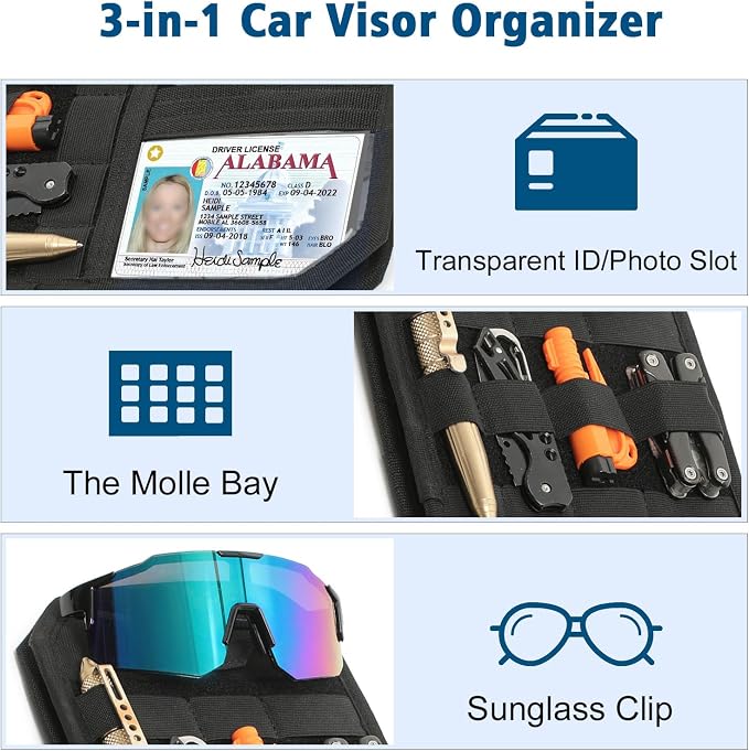 MOLLE Car Sun Visor Organizer, Semi-Rigid No-Sag Panel with Zipper Pouch, Glasses Clip & ID Slot, Tactical Visor Storage for Trucks SUVs Cars