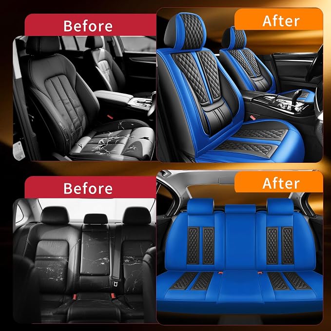 Fit Frontier Car Seat Covers Compatible with Nissan Frontier 2009-2024 2025 2026.Full Coverage Waterproof Leather,All-Weather Seat Cushion Protector-Easy Installation(5 Seats Full Set,Blue)