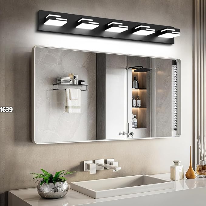 LED Modern Bathroom Vanity Light Fixtures, Dimmable Matte Black Vanity Lights for Bathroom Lighting Fixtures Over Mirror, with 360° Rotatable Acrylic Heads 5-Light 36-inch (Cool White 6000K)