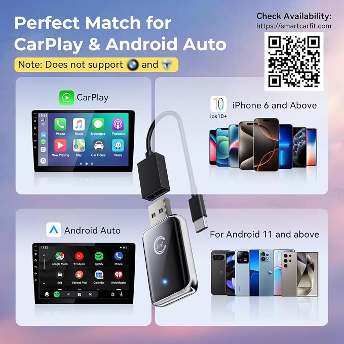 2 in 1 Wireless Carplay Adapter for iPhone, Convert Wired Car Play to Wireless for iOS 10 Android 11 and Above, Cars with Built-in Carplay (Silver)