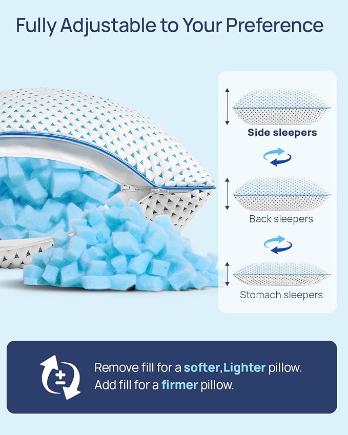 Adjustable Small Cooling Memory Foam Pillow for Travel, Camping & Airplane | Compressible, Mini Shredded Foam Bed Pillow for Medium Firm Neck Knee Lumbar Support, Ideal Car Sleeping, Backpacking, Hiking