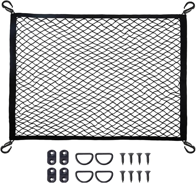 Cargo Net Car with Hooks Adjustable Highly Elastic Storage Organizer Net | Cargo Net for SUV, Pickup Trucks,Mesh Organizer 2.6'x3.3' Stretches to 5'x6',Road Trip Essentials Black
