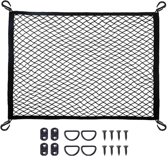 Cargo Net Car with Hooks Adjustable Highly Elastic Storage Organizer Net | Cargo Net for SUV, Pickup Trucks,Mesh Organizer 2.6'x3.3' Stretches to 5'x6',Road Trip Essentials Black