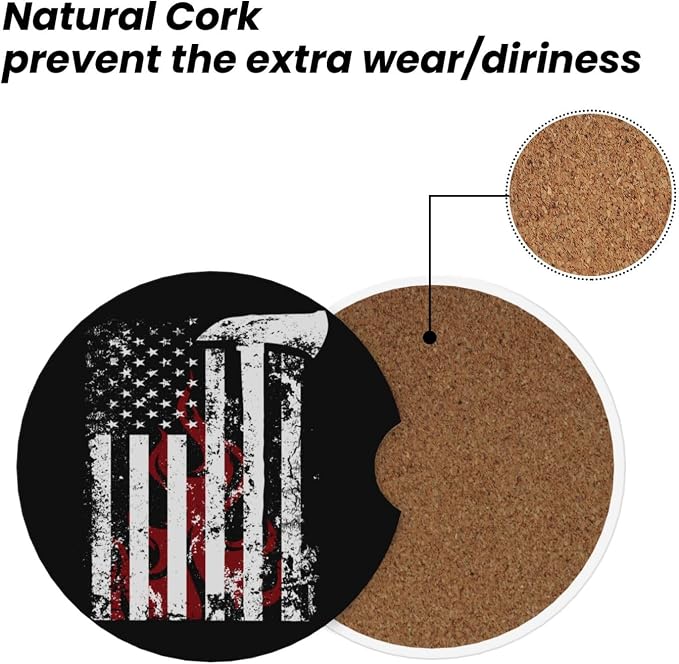 American Flame Axe Firefighter Flag Absorbent Ceramic Car Coasters 2 Pack Round Insert Cupholder Coaster Car Cup Holder Mat With Finger Notch Anti-Slip Cork Base Reusable Drink Coasters 2.56 in