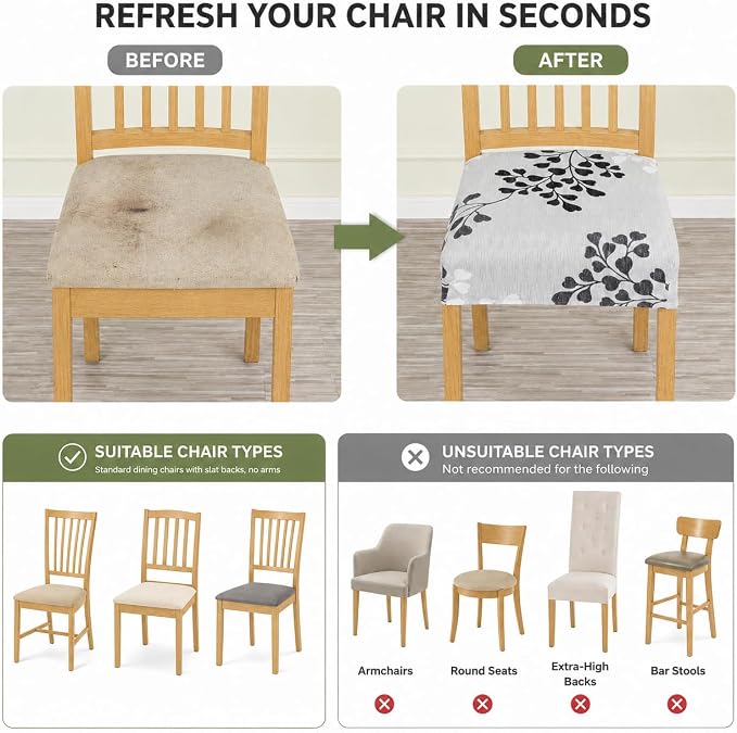 NILUOH Waterproof Seat Covers for Dining Room Chairs Set of 4, Stretch Printed Chair Seat Slipcovers Dining Chair Cover Removable Washable Chair Protctor Cover, Rear Covers