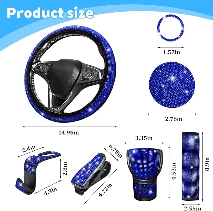 8PCS Bling Car Accessories Set, Sparkly Rhinestone Vehicle Steering Wheel Seat Belt Gear Shift Start Stop Button Cover, Diamond Auto Cup Holder Coaster Decoration, Universal Fit (Blue)