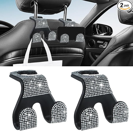 2PCS Car Seat Headrest Hooks, Shiny Crystal Hanger Holder, Backseat Hanger Storage Organizer, Bling Rhinestone Car Purse Hook, Car Accessories for Women Universal for SUV Truck Vehicle (White)