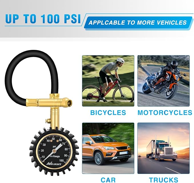 Nilight Tire Pressure Gauge 100PSI Heavy Duty Large 2" Glow Dial ANSI B40.1 Certified Air Chucks Accurate Reading with Extended Hose for Truck Semi Truck ATV Motorhome Cars & RV Accessories