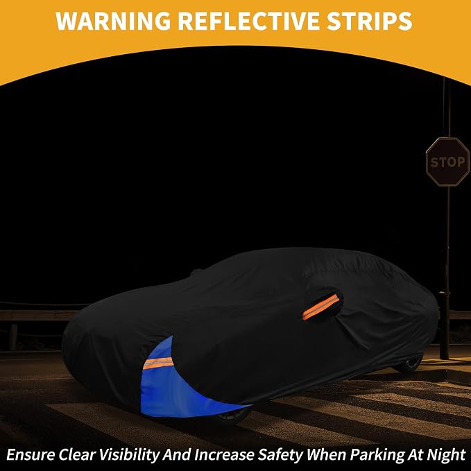 Waterproof All-Weather Universal Car Cover with Right Side Zipper, 190T Polyeste Black Blue Fits for Sedan 177" to 185" Length