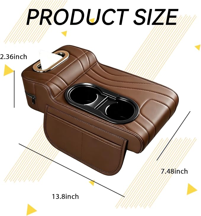 Car Armrest Cover, Embroidered Leather Car Armrest Cushion 4-in-1 Center Console Organizer with Dual Cup Holders, Tissue Box, 2 Side Storage Pockets & Card Slot, Universal for Most Cars(Coffee)