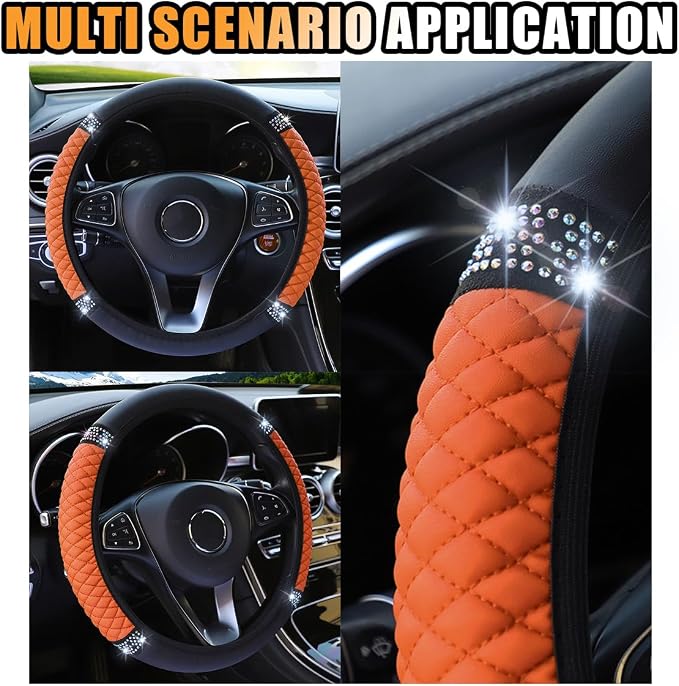 JOYCOURT 15 Inch Bling Soft Leather Car Steering Wheel Cover, Orange | Colorful Rhinestones Design, Auto Elastic Protector for Women Girls, Crystal Diamond Car Accessories for Most Cars, SUVs