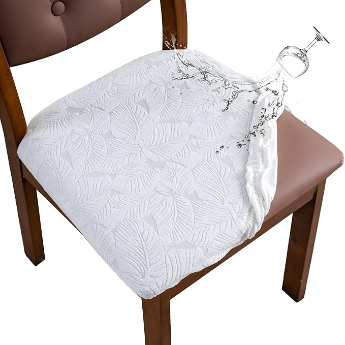 Waterproof Seat Cover for Dining Room Chair Seat Covers Washable Kitchen Chair Seat Slipcovers Protector (White, 4 PCS)