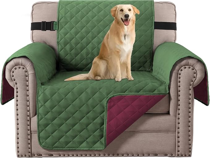 H.VERSAILTEX Water Resistant Christmas Chair Cover Reversible Chair Couch Slipcover Quilted Furniture Protector with Elastic Strap Washable Chair Cover(Armchair, Christmas Green/Christmas Red)