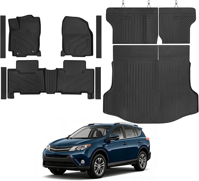 Custom Fit Floor Mats for Toyota RAV4 2013-2018 | All Weather TPE Floor Liners with Trunk Mat & Backrest Protectors & Door Sill Guard | Odorless Full Set Interior Accessories