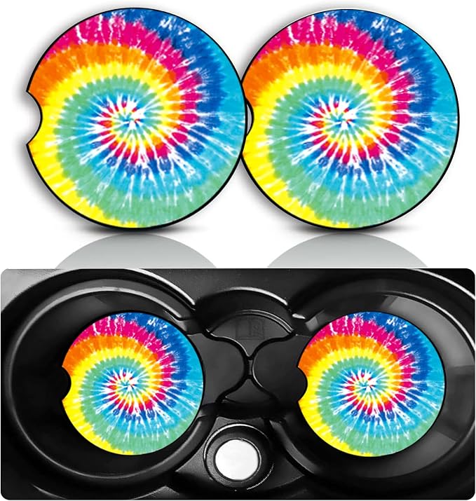 Tie Dye Car Cup Holder Coasters Set of 2 – Fun Tie Dye Car Accessories 2.75" Universal Size Anti Slip Rubber Mat Recessed Auto Insert Coasters Decor Tie Dyes Gifts for Women Men Dad Grandpa