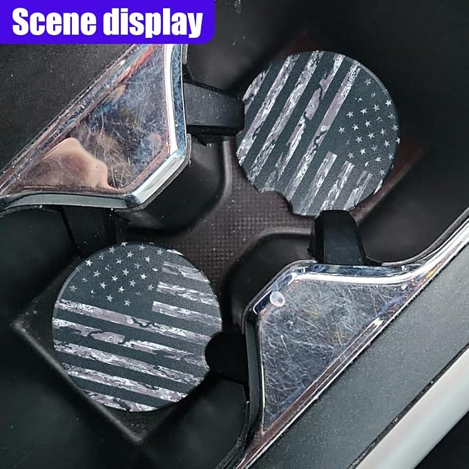 Craedli 2PCS American Flag Car Coasters for Cup Holders, 2.51" Absorbent Ceramic Anti-Slip Drink Insert Car Cup Holder Coaster with Finger Notch, Universal Auto Interior Accessory for Women Men(Black)