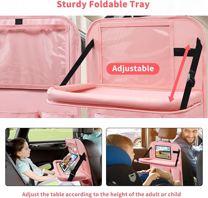 Car Backseat Organizer with Tray, Seat Back Table Holder with 6 Storage Pockets, Car Seat Back Protectors Kick Mats Travel Accessories, 2 Pack Pink