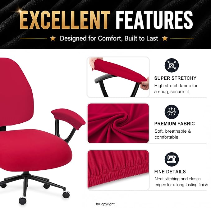 Stretchable Office Chair Seat Covers - Universal Stretch Computer Chair Slipcover - 180GSM Washable Rotating Backrest Coverings & Cushion Protectors & Armrest Covers for Dogs, Cats, Pets, Red