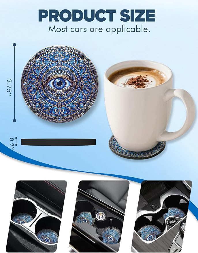 WOCOCN Car Coasters for Cup Holders - 2 Pack 2.75" Universal Rubber Car Cup Coaster, Non-Slip Waterproof Car Interior Accessories, Cute Car Decor Gifts for Women and Men (Blue Eyes)