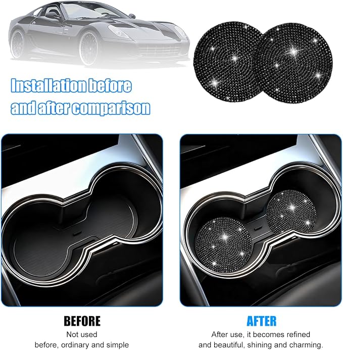 8PCS Bling Car Accessories Set, Sparkly Rhinestone Vehicle Steering Wheel Seat Belt Gear Shift Start Stop Button Cover, Diamond Auto Cup Holder Coaster Decoration, Universal Fit (Black)