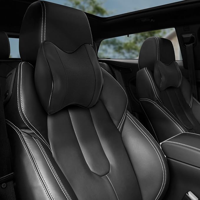 2 Pack Car Neck Pillow, Softness Leather Car Headrest Pillow, 100% Memory Foam and Breathable Removable Cover, Neck Support Head Pillow for Ergonomic Design (Black)
