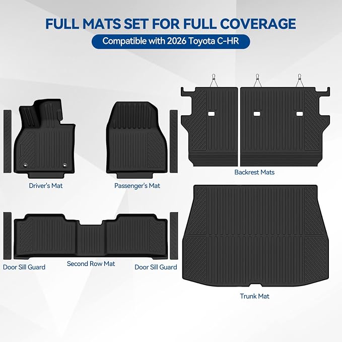 Custom Fit Floor Mats for 2026 Toyota C-HR | All Weather TPE Floor Liners & Trunk Mat & Backrest Protectors & Door Sill Guard | Odorless Full Set Interior Accessories
