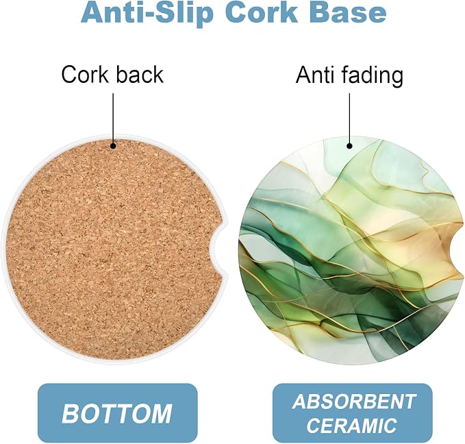 2 Pack Car Cup Holder Coaster, 2.63 inch Anti Slip Insert Absorbent Ceramic Car Coaster with Cork Base and Finger Notch, Cute Car Accessories Interior for Women, Cute Car Coasters.