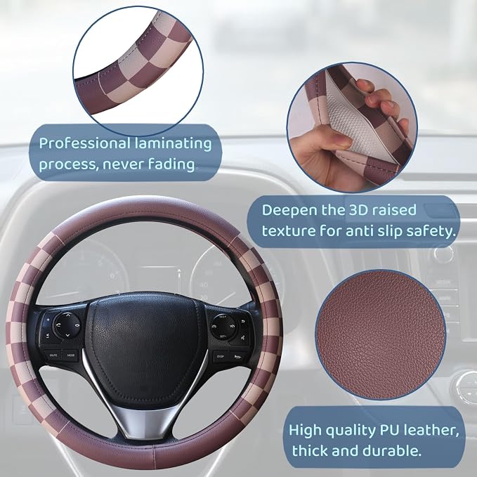 Women Checkered Steering Wheel Cover,Breathable Non-Slip PU Leather Universal 15 Inch Steering Wheel Protector,Fashion Checkerboard Car Interior Car Accessories SUV Truck Men
