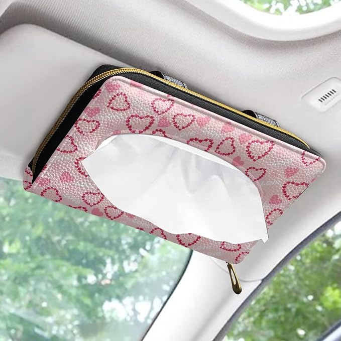 Pink Hearts Car Visor Tissue Box Holder Car Interior Accessories Sun Visor Accessories PU Leather Napkin Holder for Backseat