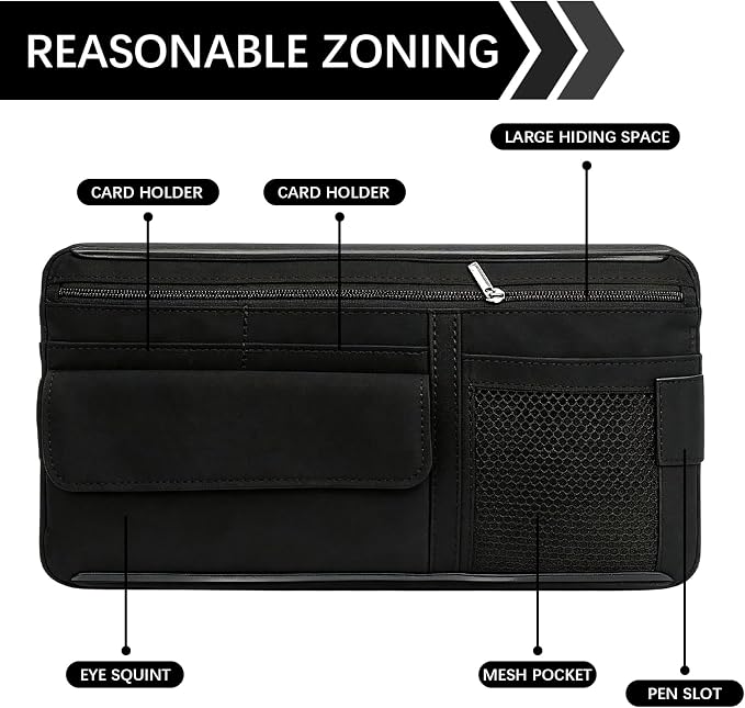 Car Sun Visor Organizer, Visor Accessories, Leather Sunvisor Pocket Organizer Case with Multi-Pocket Net Zipper, Waterproof Auto Sunshade Organizer Bag for Card Pen Sunglasses Document (Black)
